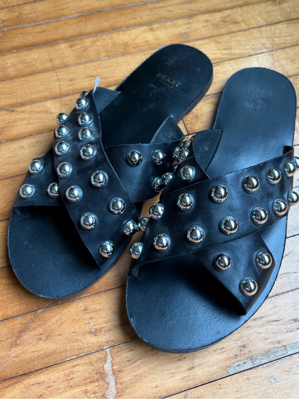 Beast Fashion Black Studded Cross-Strap Slide Sandals